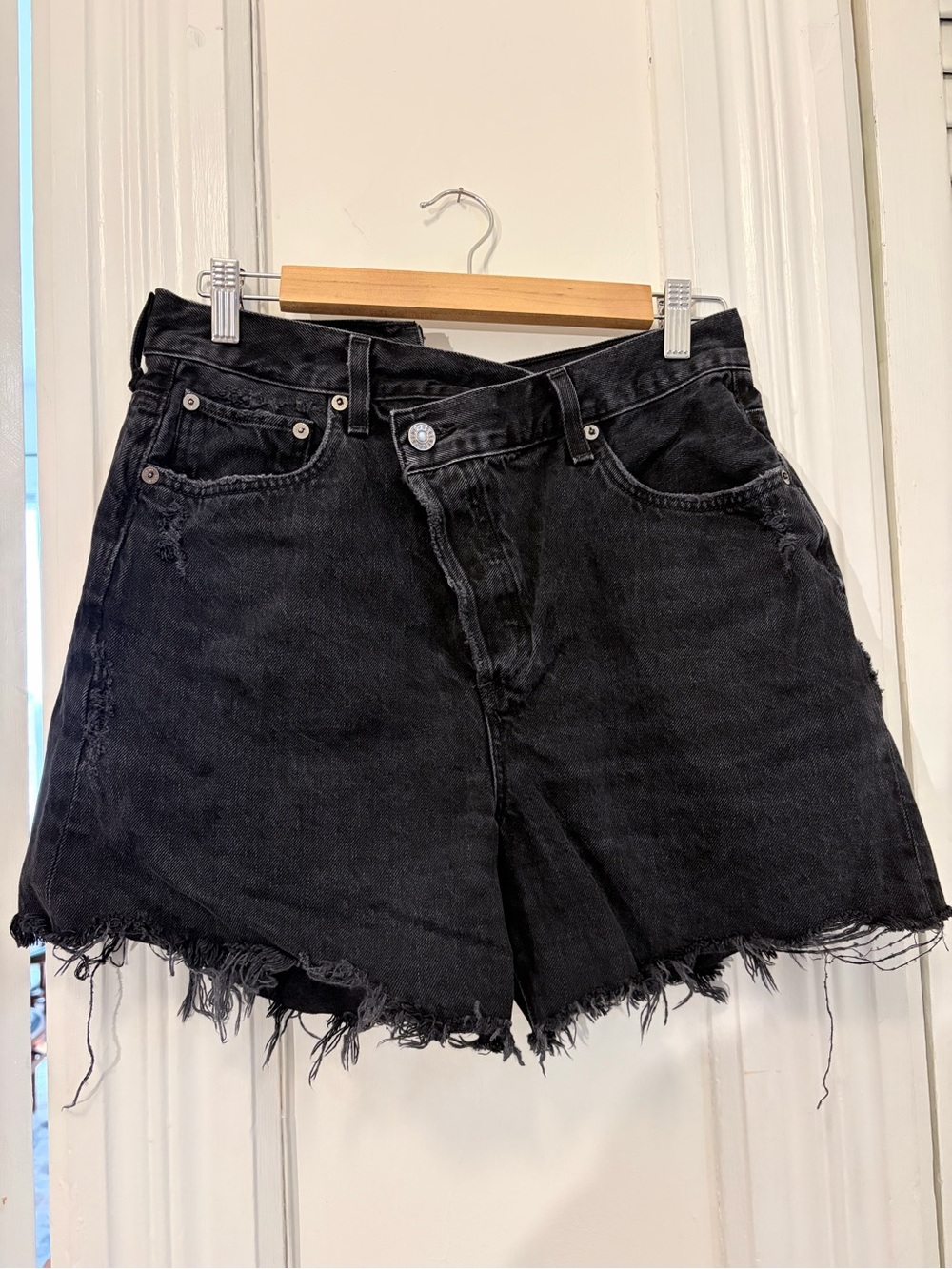 Agolde Criss Cross Black Distressed Frayed Hem Denim Shorts